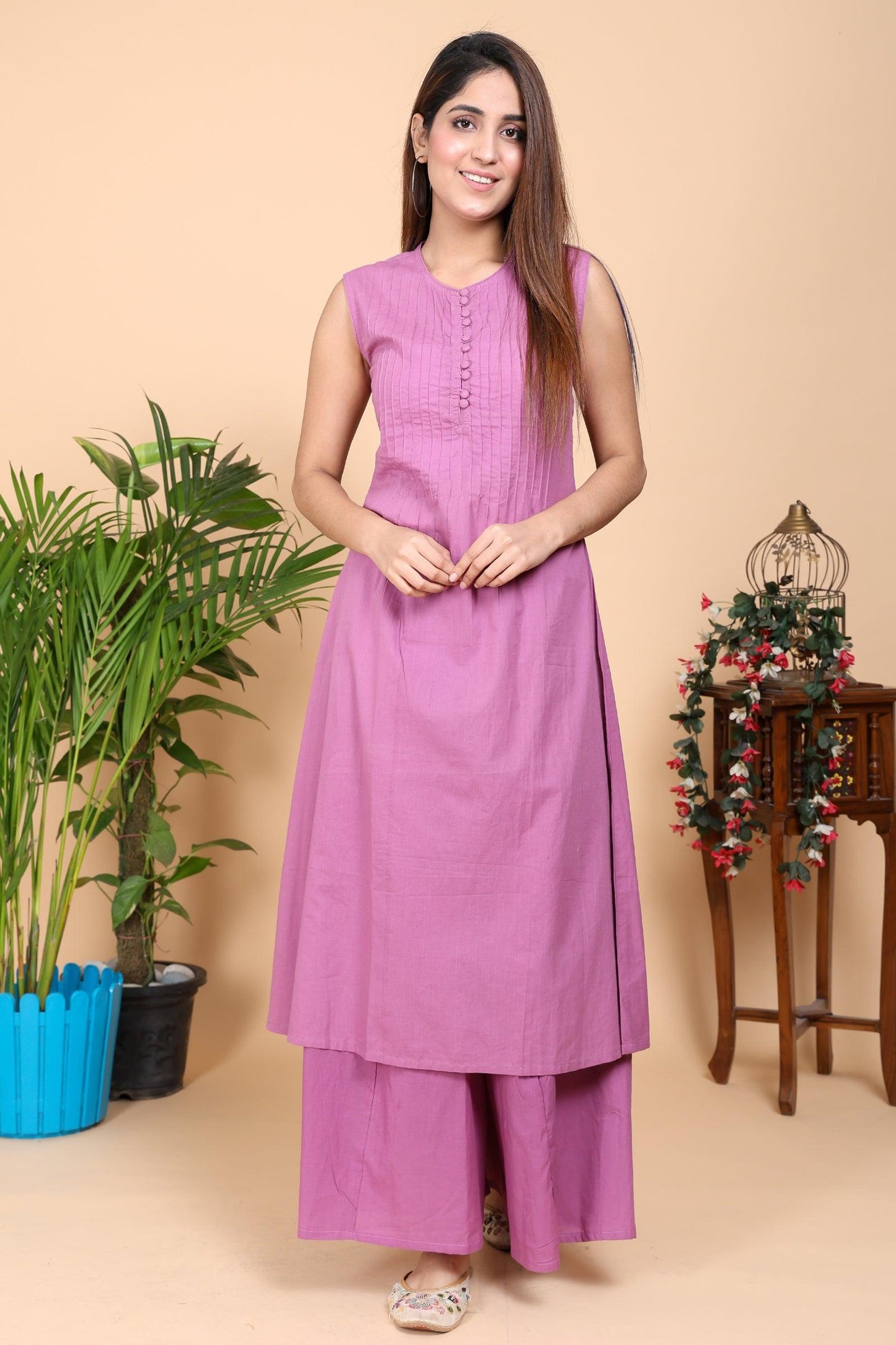 Aseel Purple Pintucks Sleeveless Kurta with Pants