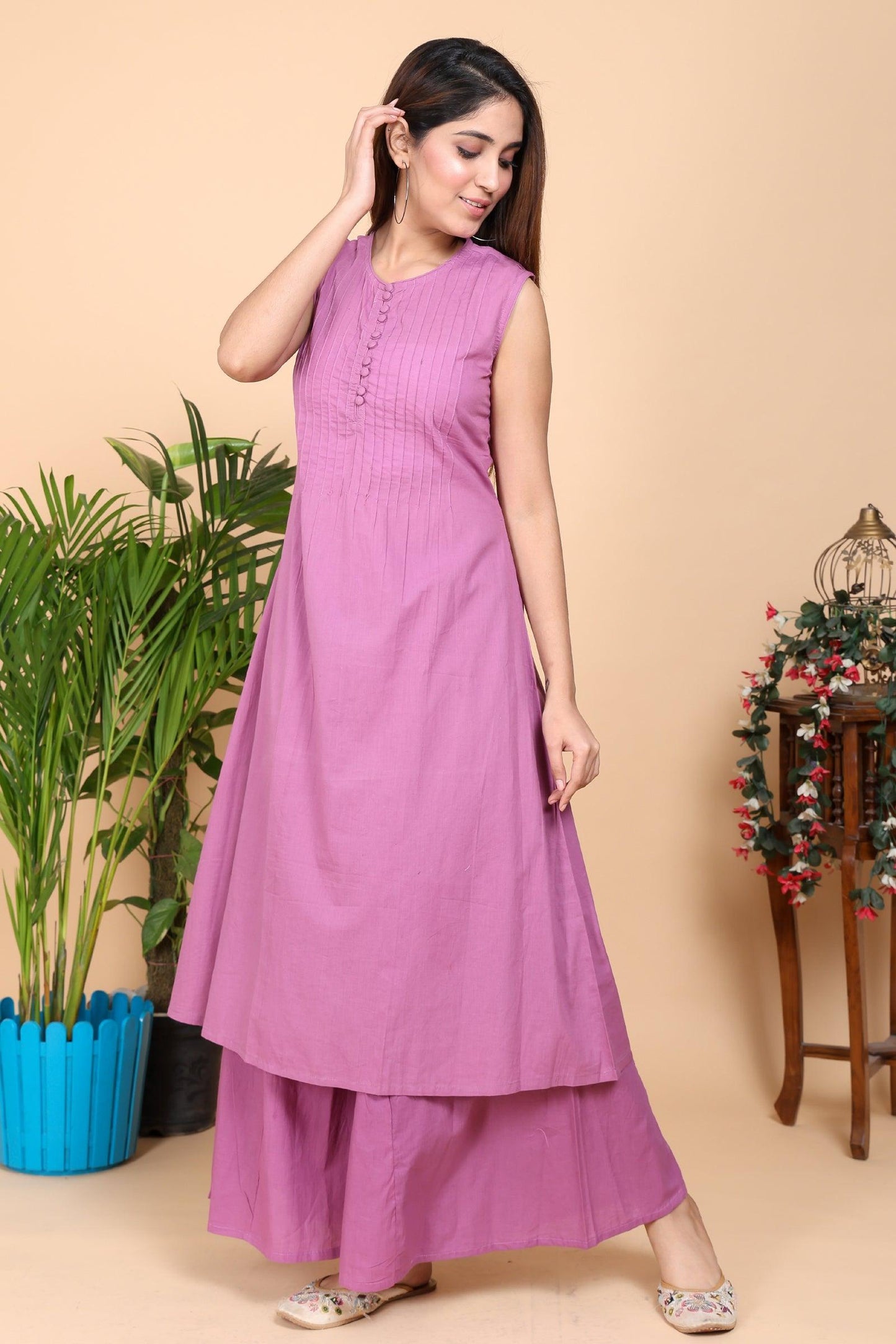 Aseel Purple Pintucks Sleeveless Kurta with Pants