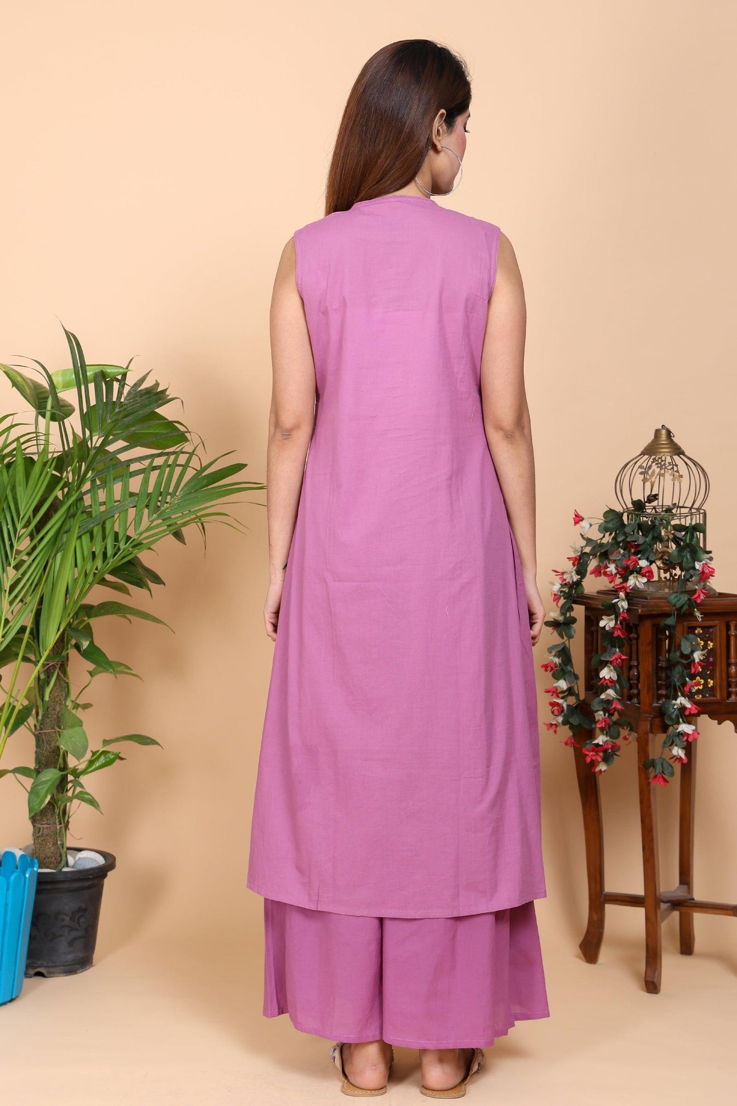 Aseel Purple Pintucks Sleeveless Kurta with Pants