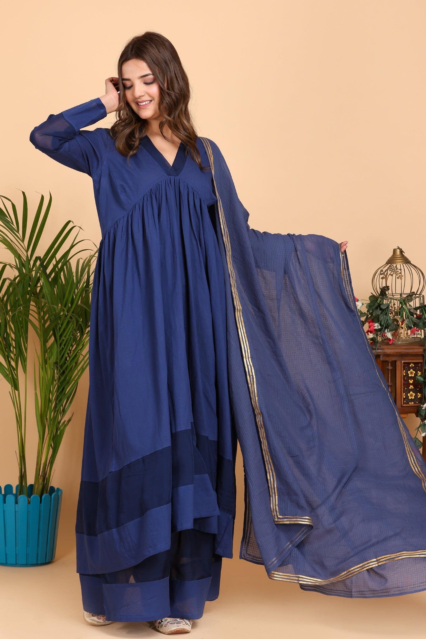 Aseel Blue Kota Organza Kurta Set with Dupatta