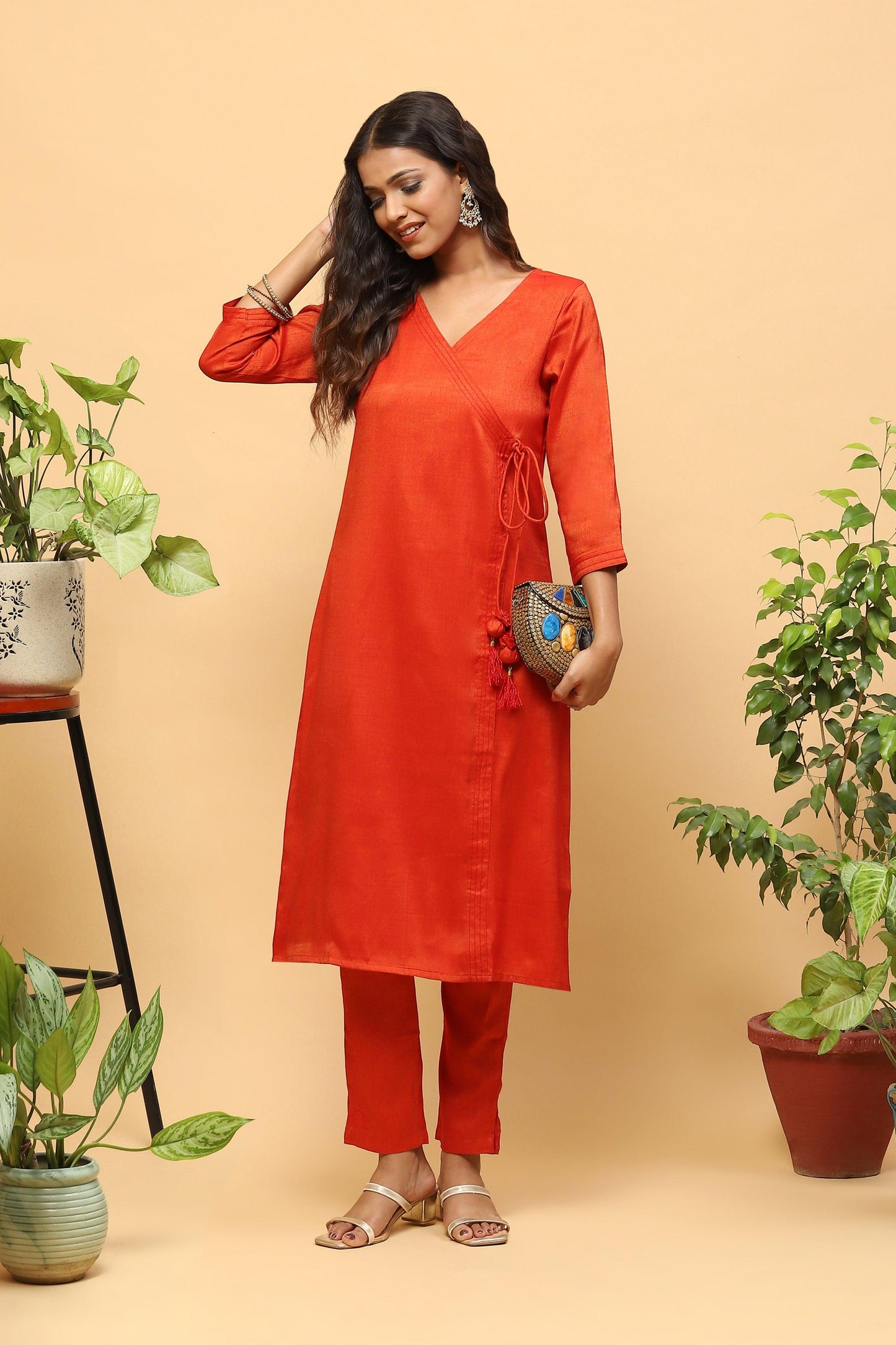 Pihu Bronze Orange Angrakha Kurta set