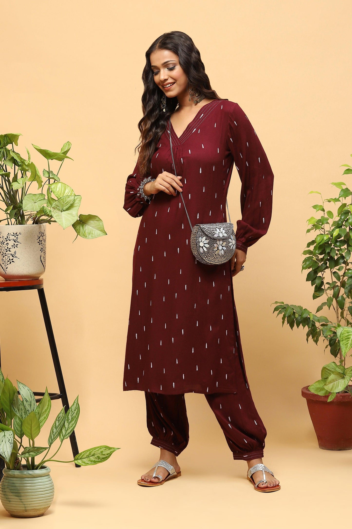 Pihu Deep Maroon Puff-sleeved Kurta with Balloon Pants