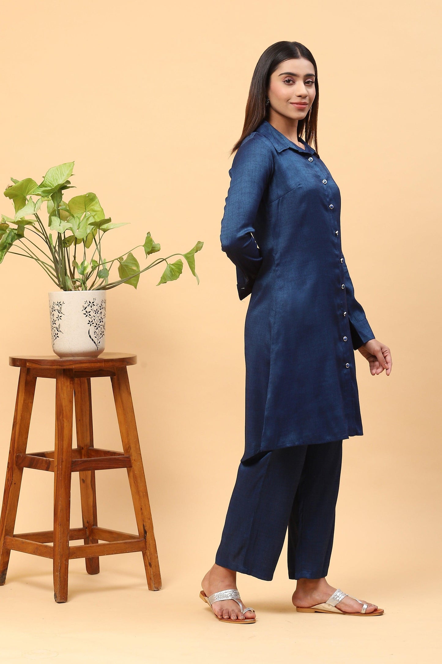 Pihu Prussian Blue Collared Kurta Palazzo Set