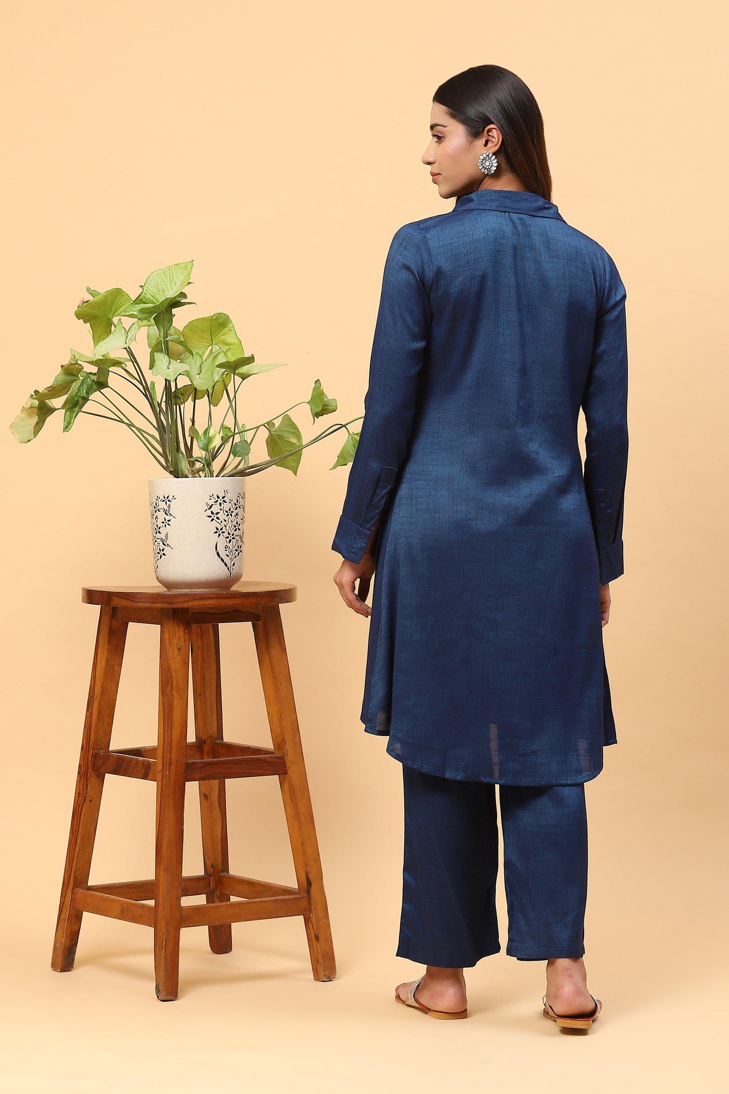 Pihu Prussian Blue Collared Kurta Palazzo Set