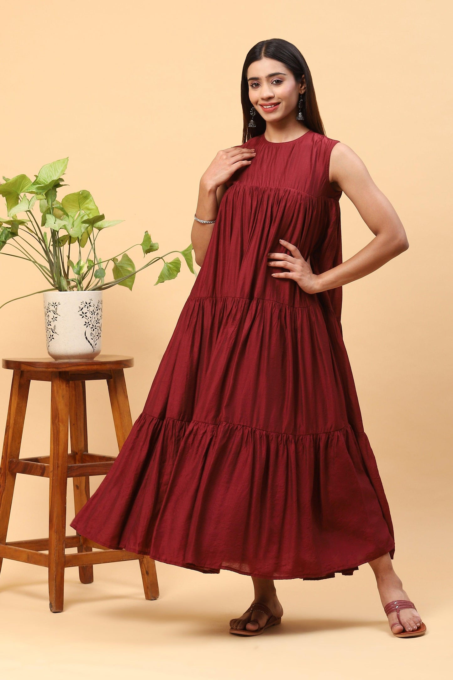 Sanchi Maroon Chanderi Sleeveless Tiered Maxi Dress