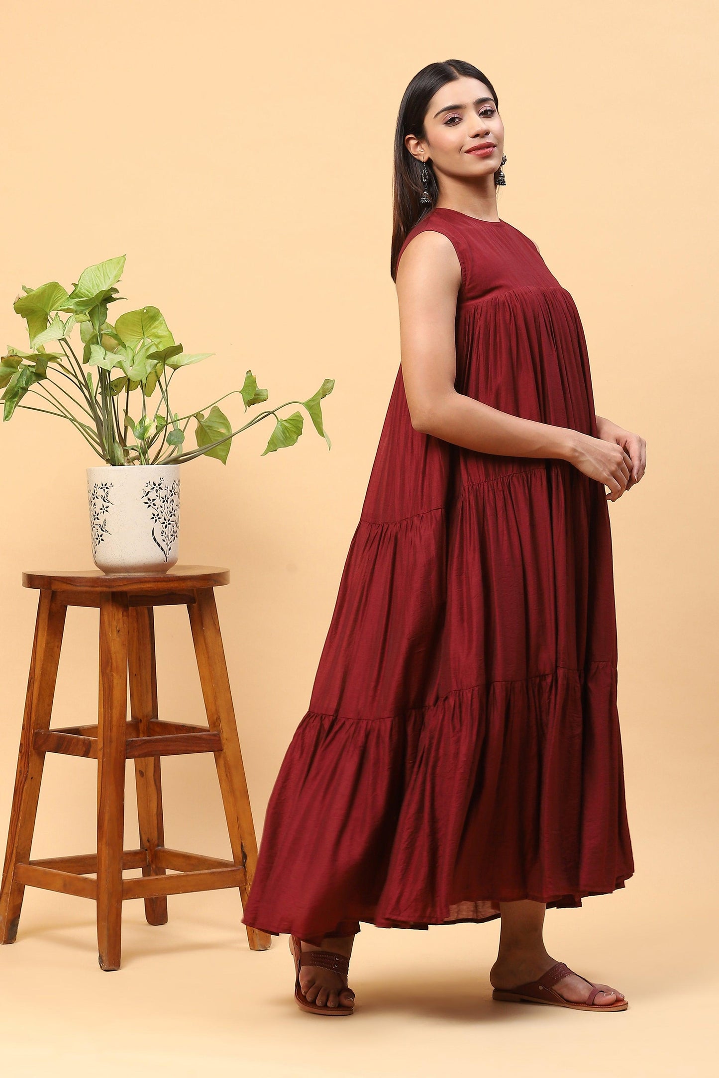 Sanchi Maroon Chanderi Sleeveless Tiered Maxi Dress