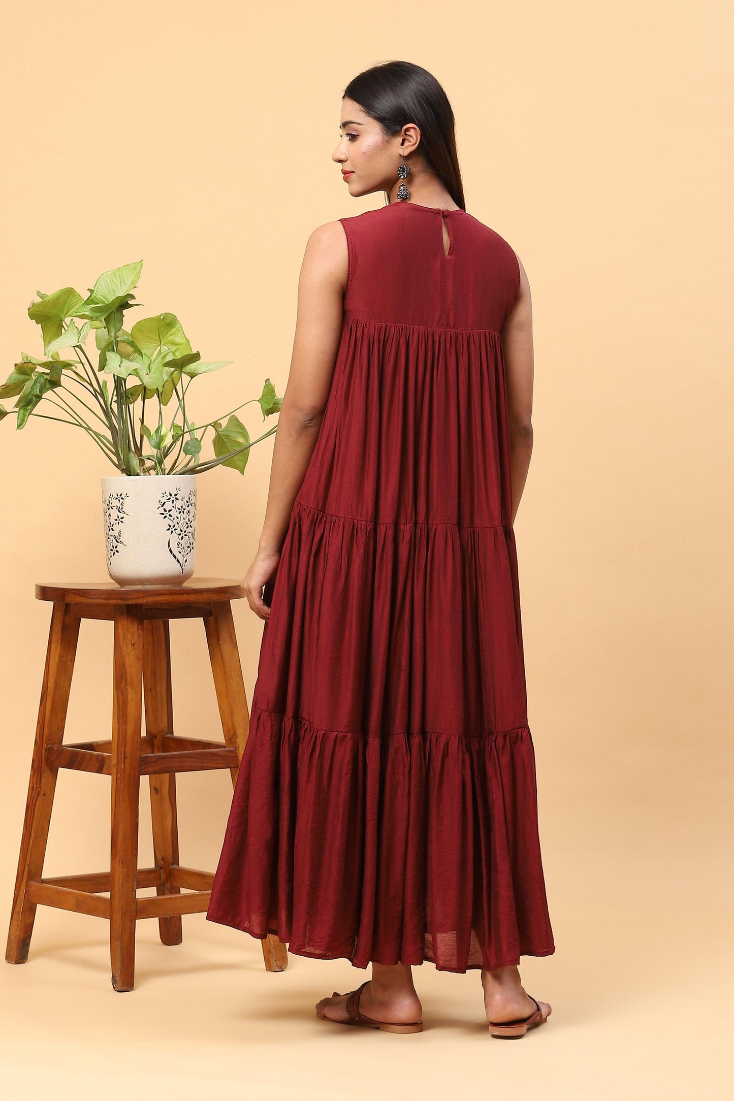 Sanchi Maroon Chanderi Sleeveless Tiered Maxi Dress