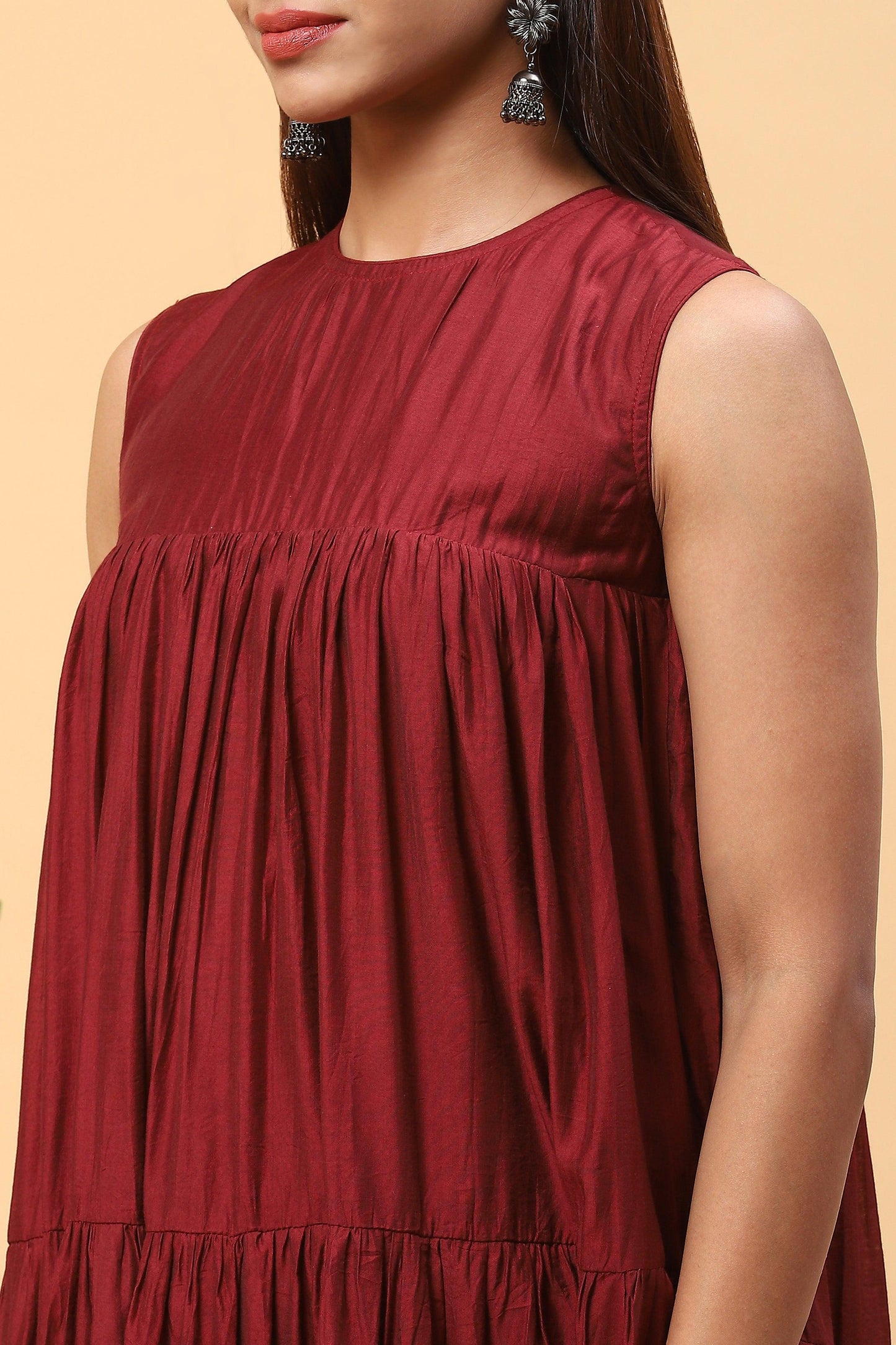 Sanchi Maroon Chanderi Sleeveless Tiered Maxi Dress