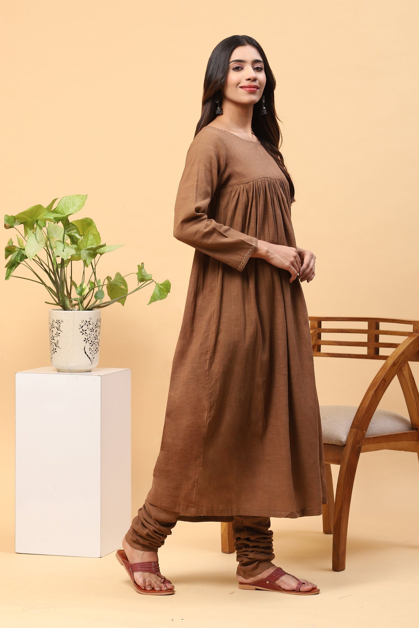 Sanchi Khaki Gathered Long Kurta Churidar Set