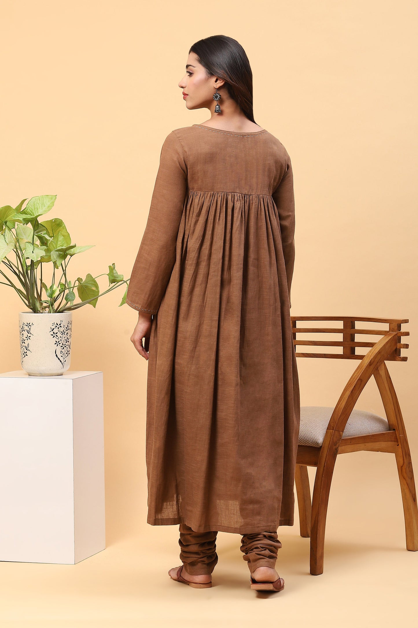 Sanchi Khaki Gathered Long Kurta Churidar Set