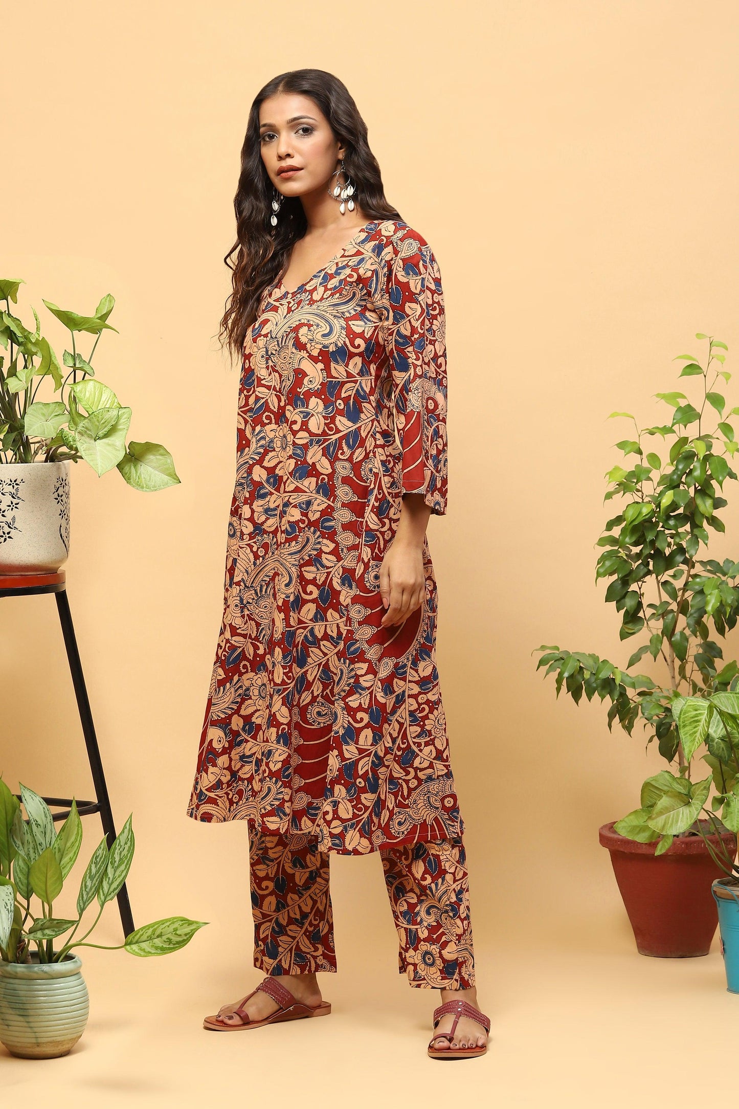 Sanchi Rust Red Kalamkari Cotton Kurta Trousers Set