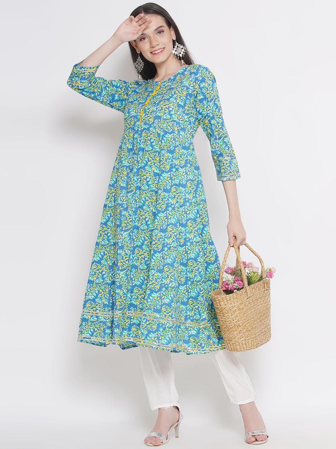 Riwaaz Blue Floral A-line Kurta Set