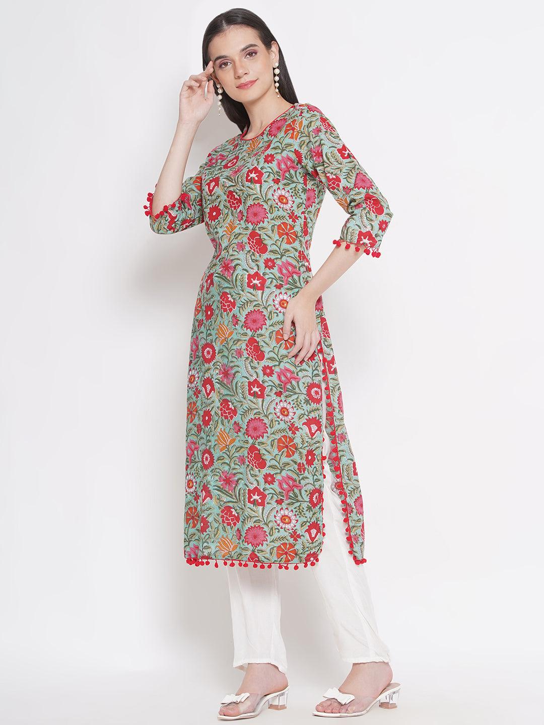 Riwaaz Green Floral Kurta Set with Pompom Lace