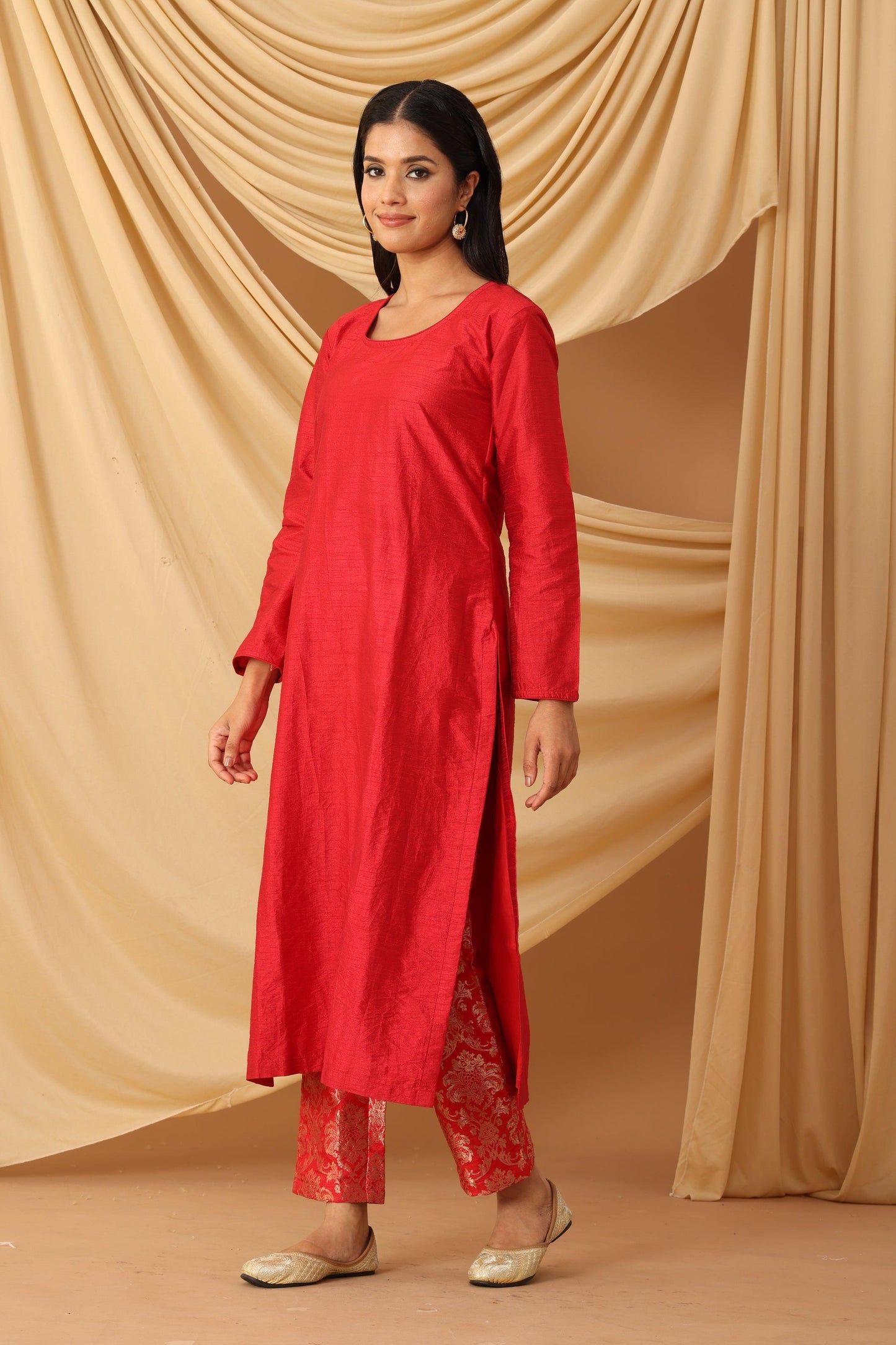 Sanchi Red Silk & Brocade Kurta Set