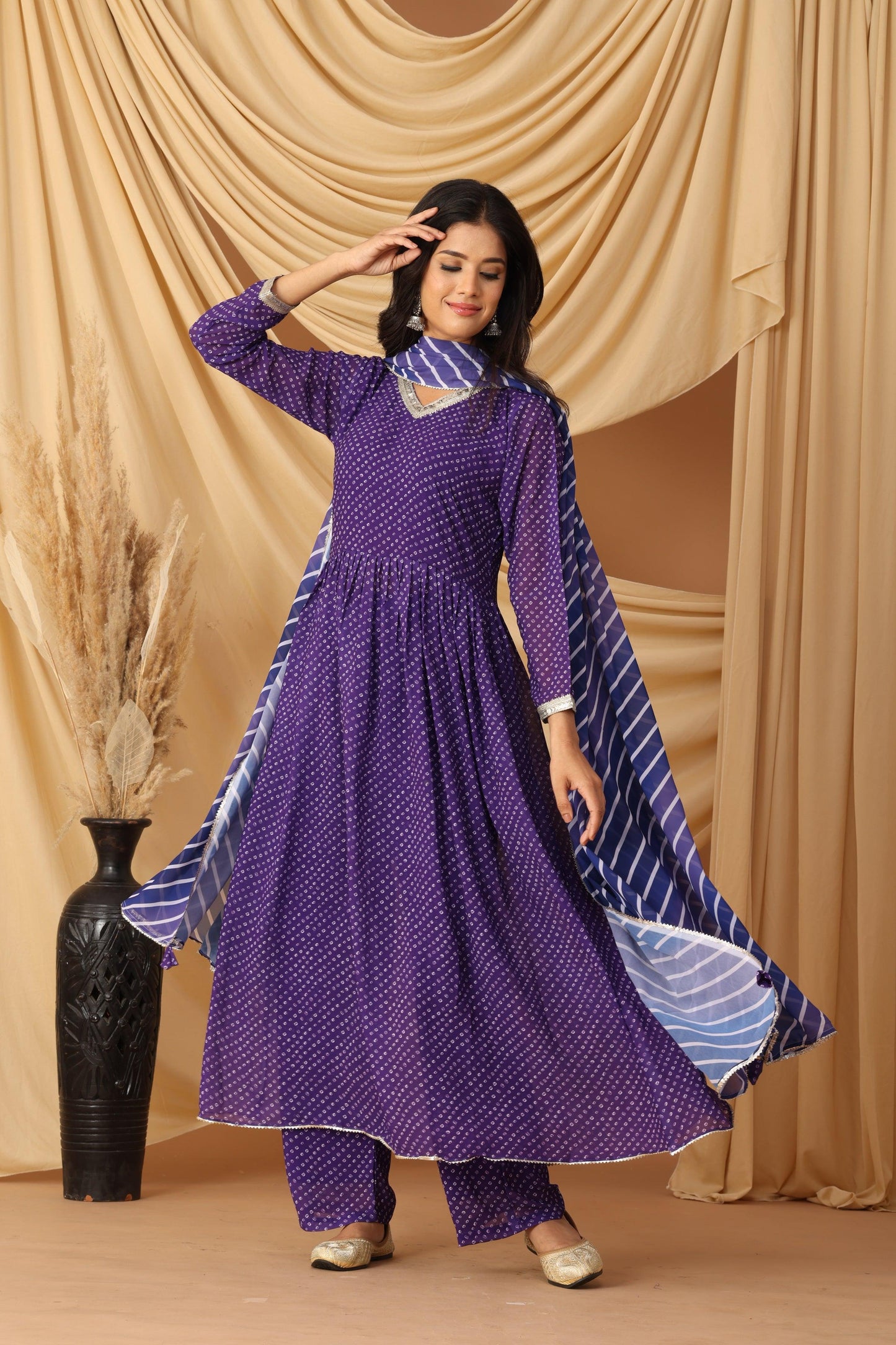 Pihu Violet Bandhani Print Anarkali Set