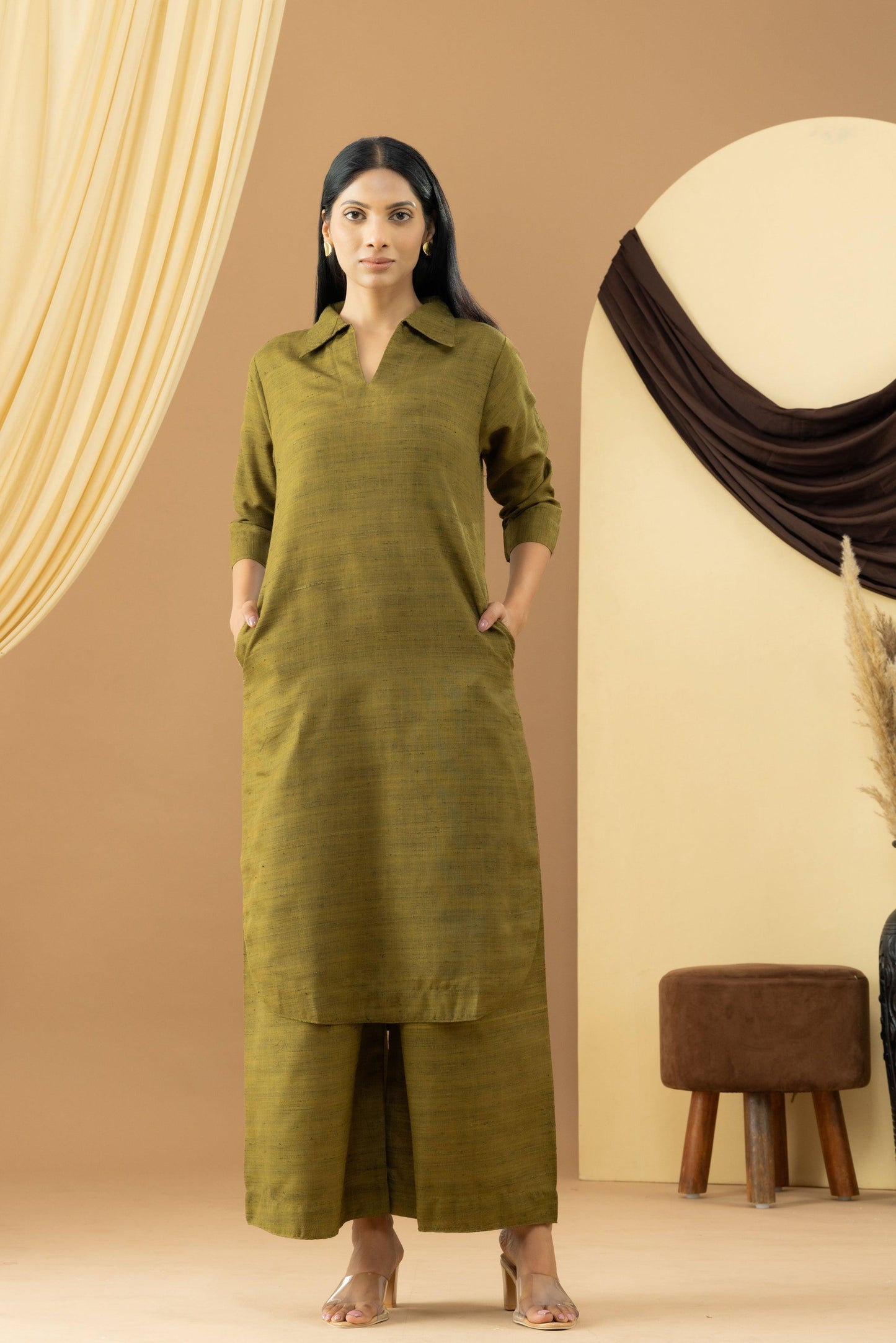 Harsingaar Olive Green Khadi Kurta set