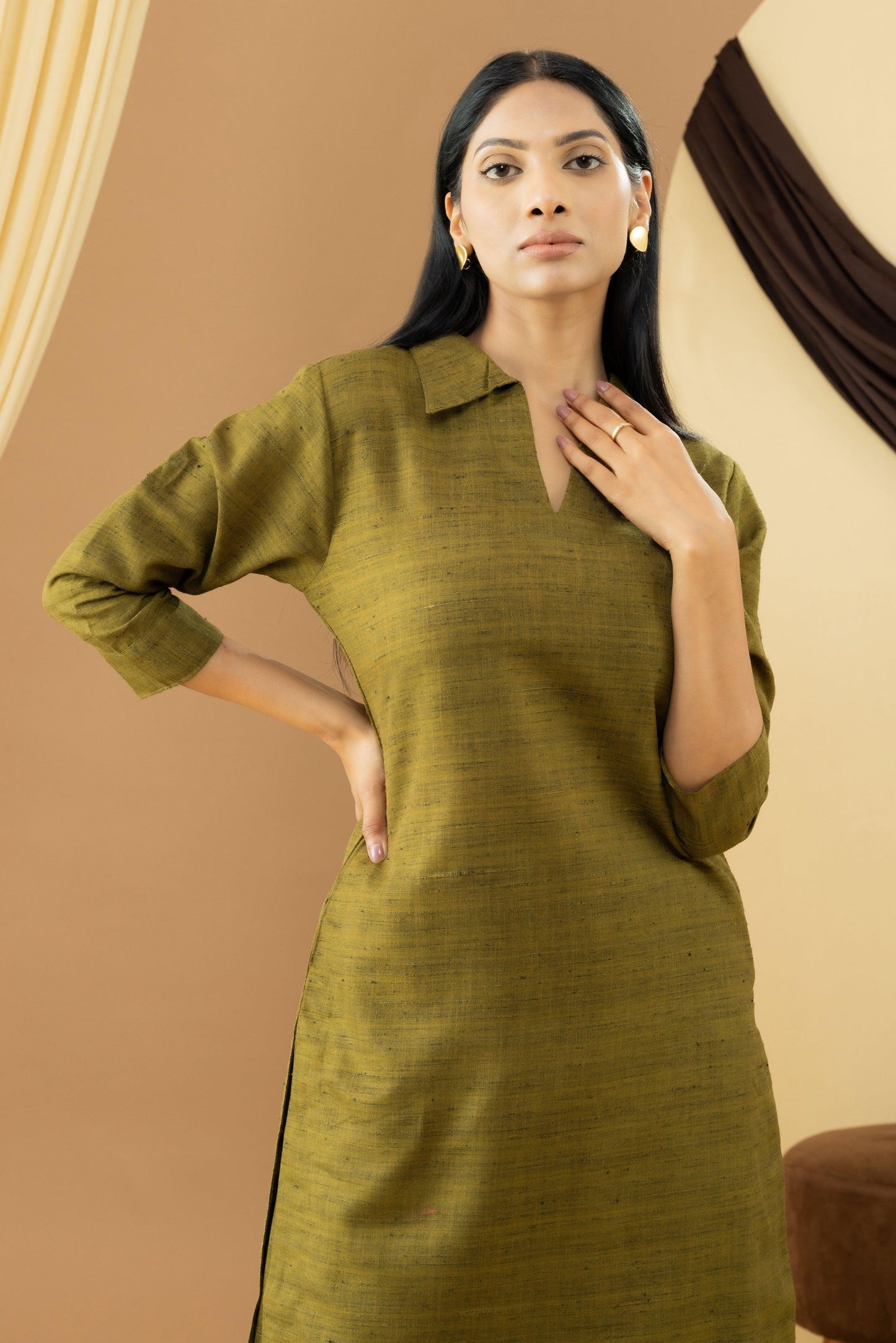 Harsingaar Olive Green Khadi Kurta set