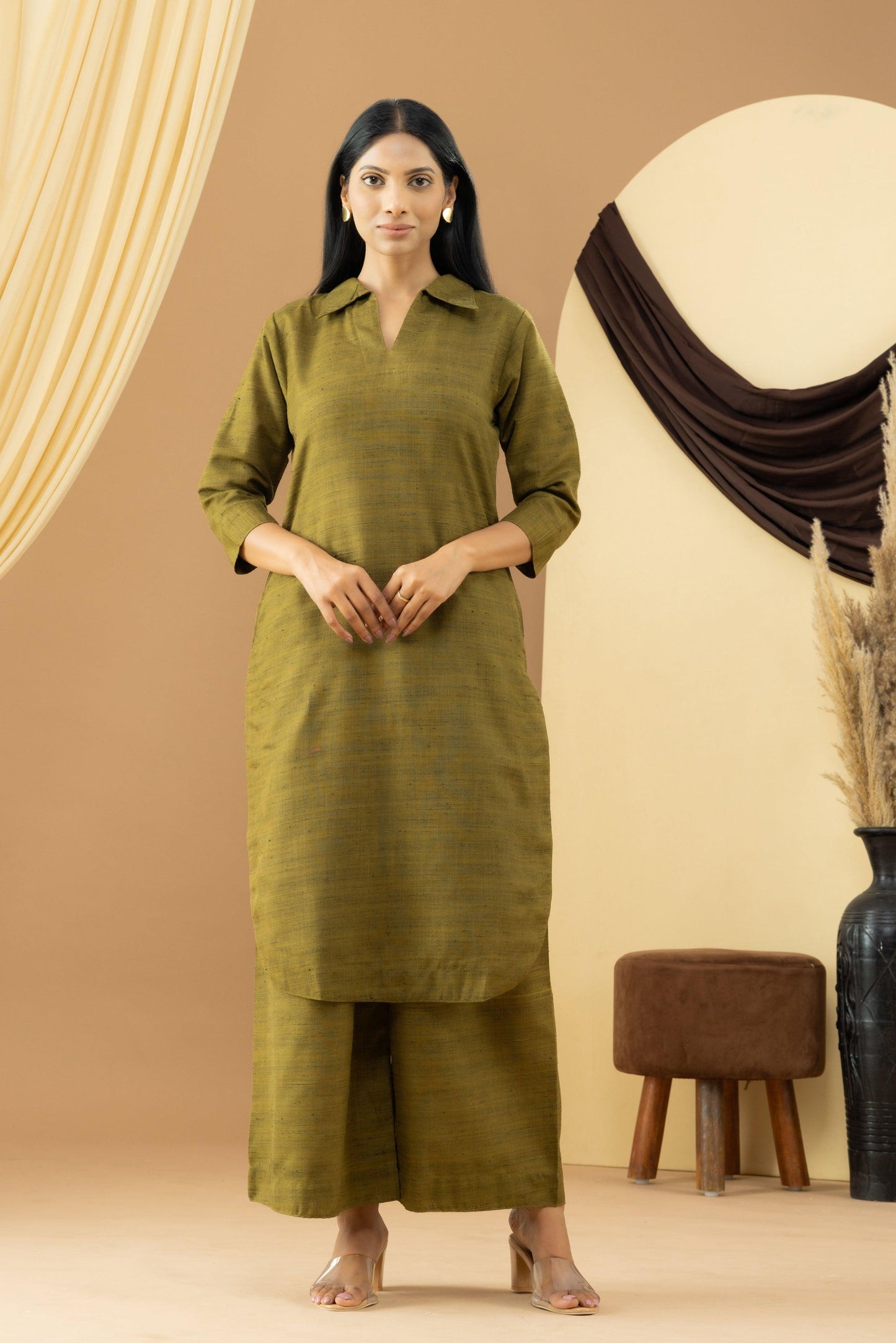 Harsingaar Olive Green Khadi Kurta set